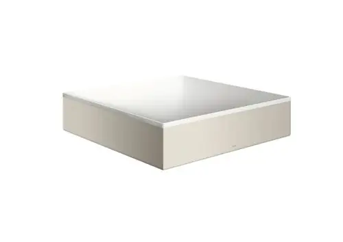 Aufsatzwaschtisch in Edelstahloptik von AXOR, quadratische Form mit flacher Oberseite, keine Hahnloch- und Überlauftaschen sichtbar.